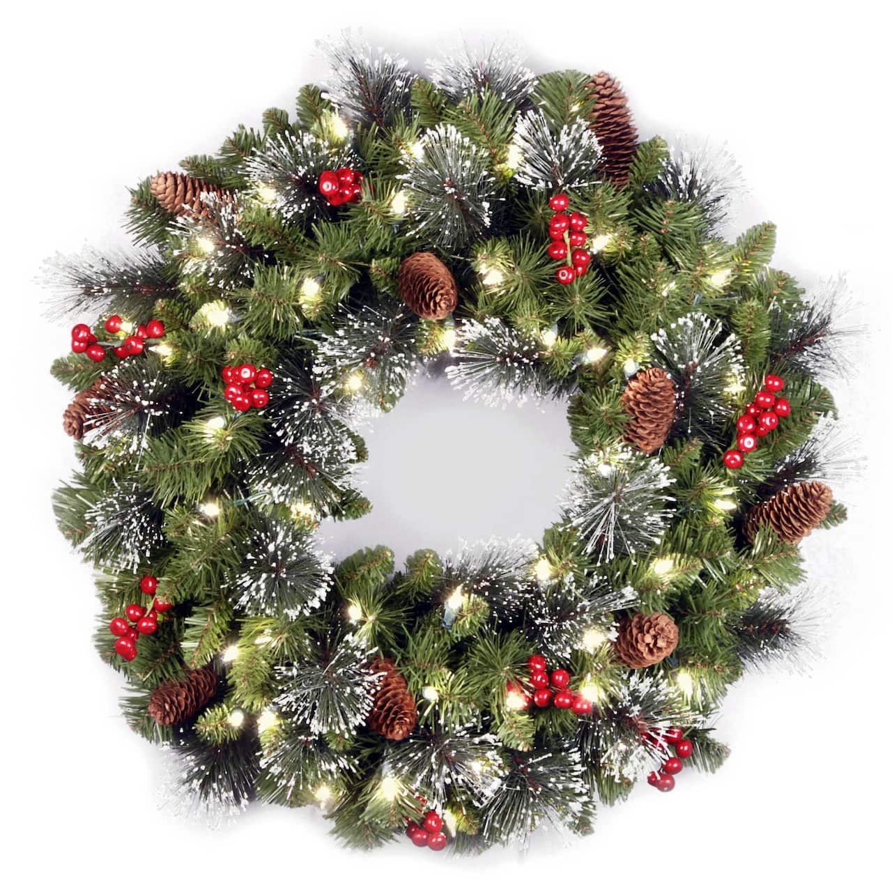 24&#x22; Crestwood&#xAE; Spruce Wreath with Silver Bristle, Pine Cones, Red Berries &#x26; Glitter with Warm White LED Lights